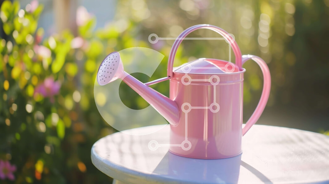 Intra Συλλεκτικό Ξύλινο Παζλ Plywood  4mm - Ροζ ποτιστήρι σε τραπέζι εξωτερικού χώρου με φυτά στο φόντο Σε Ξύλινο Κουτί - Διαστάσεις: 10x10 cm – 25 κομμάτια