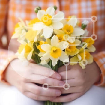 Intra Συλλεκτικό Ξύλινο Παζλ Plywood  4mm - Γυναίκα που κρατά ένα μπουκέτο από κίτρινους και λευκούς νάρκισσους Σε Ξύλινο Κουτί - Διαστάσεις Puzzle: 10x10 cm – 25 κομμάτια - Image 1