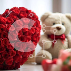 Intra Συλλεκτικό Ξύλινο Παζλ Plywood  4mm - Μπουκέτο κόκκινο τριαντάφυλλο σε σχήμα καρδιάς με αρκουδάκι Σε Ξύλινο Κουτί - Διαστάσεις Puzzle: 10x10 cm – 25 κομμάτια