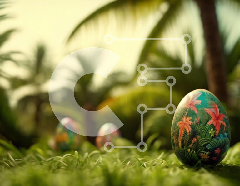 Intra Συλλεκτικό Ξύλινο Παζλ Plywood  4mm - Πολύχρωμα Πασχαλινά αυγά στο γρασίδι μπροστά από τους φοίνικες Σε Ξύλινο Κουτί - Διαστάσεις: 10x10 cm – 25 κομμάτια