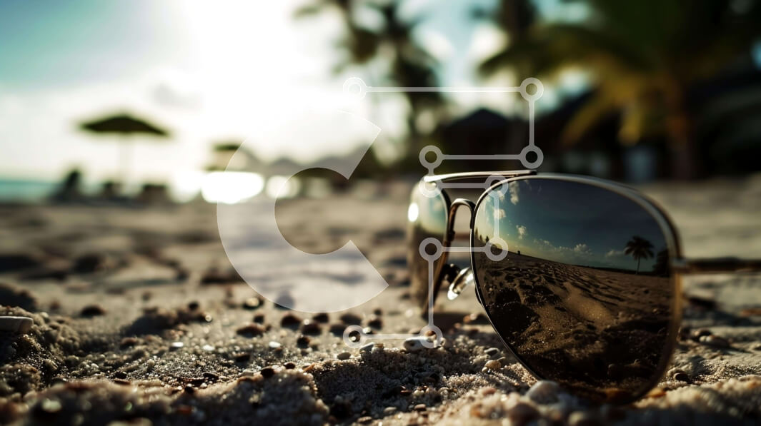 Intra Συλλεκτικό Ξύλινο Παζλ Plywood  4mm - Γυαλιά ηλίου στην παραλία με αντανάκλαση με φοίνικες Σε Ξύλινο Κουτί - Διαστάσεις Puzzle: 10x10 cm – 25 κομμάτια