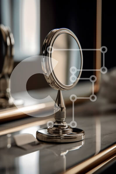 Intra Συλλεκτικό Ξύλινο Παζλ Plywood  4mm - Κοντινή όψη του καθρέφτη μπάνιου με βούρτσα ξυρίσματος, ξυράφι και aftershave Σε Ξύλινο Κουτί - Διαστάσεις Puzzle: 10x10 cm – 25 κομμάτια