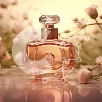 Intra Συλλεκτικό Ξύλινο Παζλ Plywood  4mm - Ροζ μπουκάλι αρώματος στο τραπέζι με ροζ τριαντάφυλλα που περιβάλλουν Σε Ξύλινο Κουτί - Διαστάσεις Puzzle: 10x10 cm – 25 κομμάτια - Image 1