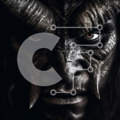 Intra Συλλεκτικό Ξύλινο Παζλ Plywood 4mm - Σοβαρό μαύρο μεταλλικό βλέμμα: Πορτρέτο προσώπου με κέρατα και μακριά μαλλιά από κοντά Σε Ξύλινο Κουτί - Διαστάσεις Puzzle: 10x10 cm – 25 κομμάτια - Image 1