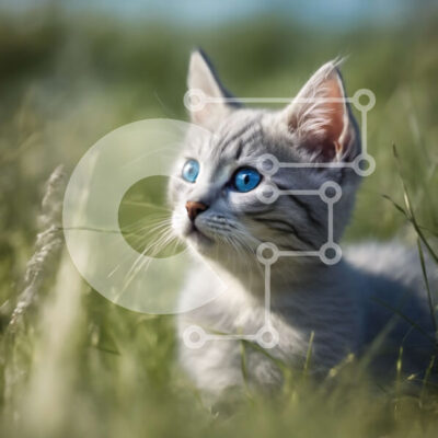 Intra Συλλεκτικό Ξύλινο Παζλ Plywood  4mm - Αξιολάτρευτο γκρι γατάκι με μπλε μάτια σε ένα χωράφι με πράσινο γρασίδι Σε Ξύλινο Κουτί - Διαστάσεις: 10x10 cm – 25 κομμάτια - Image 1