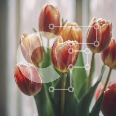 Intra Συλλεκτικό Ξύλινο Παζλ Plywood  4mm - Βάζο με κόκκινες και πορτοκαλί τουλίπες σε ένα περβάζι με θέα στον ορίζοντα της πόλης Σε Ξύλινο Κουτί - Διαστάσεις: 10x10 cm – 25 κομμάτια - Image 1