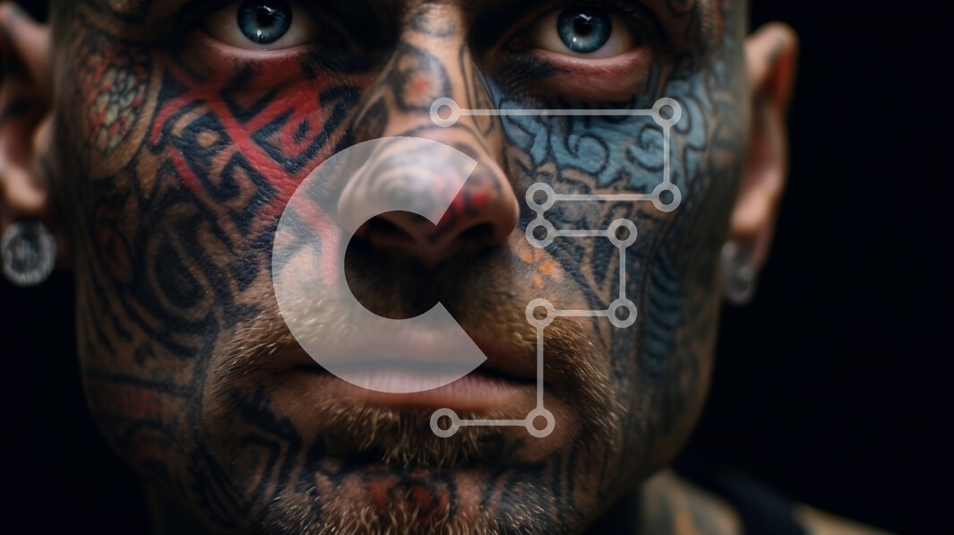 Intra Συλλεκτικό Ξύλινο Παζλ Plywood  4mm - Έντονο πορτρέτο ενός άνδρα με τατουάζ με μπλε μάτια Σε Ξύλινο Κουτί - Διαστάσεις Puzzle: 10x10 cm – 25 κομμάτια