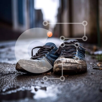 Intra Συλλεκτικό Ξύλινο Παζλ Plywood  4mm - Grimy αθλητικά παπούτσια ξαπλωμένα σε ένα εγκαταλελειμμένο δρομάκι Σε Ξύλινο Κουτί - Διαστάσεις Puzzle: 10x10 cm – 25 κομμάτια - Image 1