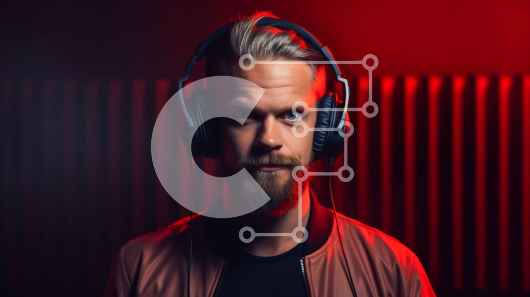 Intra Συλλεκτικό Ξύλινο Παζλ Plywood  4mm - Πορτρέτο ενός γενειοφόρου άνδρα με ακουστικά μπροστά από το κόκκινο φόντο Σε Ξύλινο Κουτί - Διαστάσεις Puzzle: 10x10 cm – 25 κομμάτια