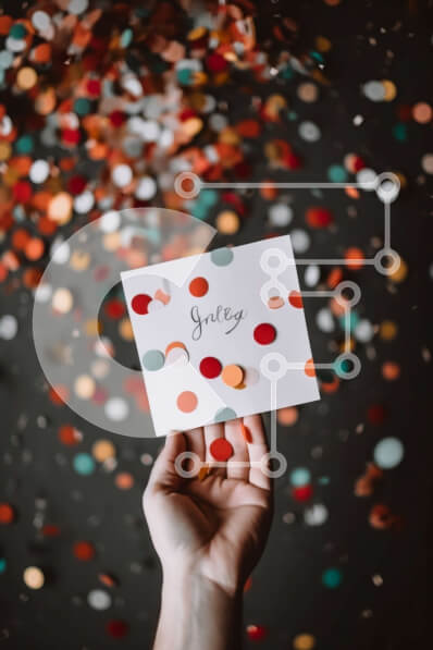 Intra Συλλεκτικό Ξύλινο Παζλ Plywood  4mm - Ευτυχισμένο άτομο που κρατά μια «χαρούμενη» κάρτα με φόντο κομφετί Σε Ξύλινο Κουτί - Διαστάσεις Puzzle: 10x10 cm – 25 κομμάτια