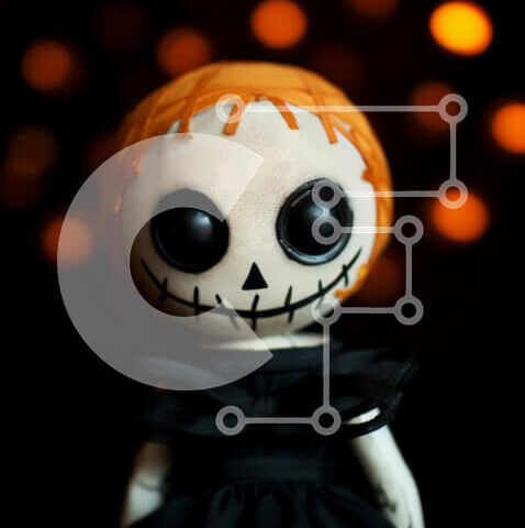 Intra Συλλεκτικό Ξύλινο Παζλ Plywood  4mm - Ασπρόμαυρη κούκλα αποκριών με κόκκινα μαλλιά και πορτοκαλί μάτια Σε Ξύλινο Κουτί - Διαστάσεις Puzzle: 10x10 cm – 25 κομμάτια - Image 1