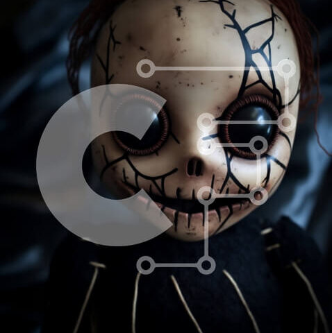 Intra Συλλεκτικό Ξύλινο Παζλ Plywood 4mm - Ανατριχιαστική κούκλα που κάθεται σε ύφασμα ή κουβέρτα Σε Ξύλινο Κουτί - Διαστάσεις Puzzle: 10x10 cm – 25 κομμάτια - Image 1