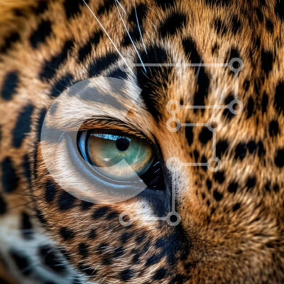 Intra Συλλεκτικό Ξύλινο Παζλ Plywood  4mm - Κοντινή όψη του προσώπου ενός Jaguar με φωτεινά πράσινα μάτια και μαύρες κηλίδες Σε Ξύλινο Κουτί - Διαστάσεις: 10x10 cm – 25 κομμάτια - Image 1