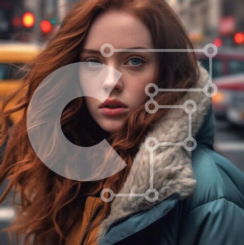 Intra Συλλεκτικό Ξύλινο Παζλ Plywood 4mm - Σοβαρή νεαρή γυναίκα με κόκκινα μαλλιά που φορά μπλε σακάκι στην οδό της πόλης Σε Ξύλινο Κουτί - Διαστάσεις Puzzle: 10x10 cm – 25 κομμάτια - Image 1