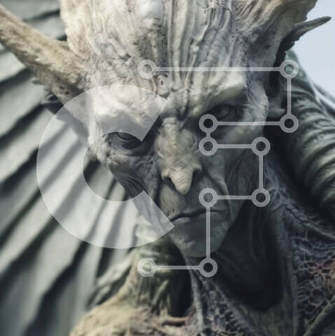 Intra Συλλεκτικό Ξύλινο Παζλ Plywood 4mm - Κοντινό πλάνο ενός αγάλματος Gargoyle με κέρατα, φτερά και αιχμηρά δόντια Σε Ξύλινο Κουτί - Διαστάσεις Puzzle: 10x10 cm – 25 κομμάτια - Image 1