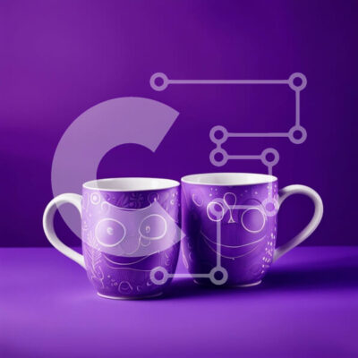 Intra Συλλεκτικό Ξύλινο Παζλ Plywood  4mm - Αξιολάτρευτες μωβ κούπες χαμογελαστού προσώπου για ένα χαρούμενο πρωινό Σε Ξύλινο Κουτί - Διαστάσεις: 10x10 cm – 25 κομμάτια - Image 1