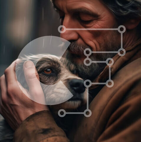 Intra Συλλεκτικό Ξύλινο Παζλ Plywood  4mm - Συγκινητική εικόνα ενός ηλικιωμένου άνδρα που αγκαλιάζει τον σκύλο σύντροφό του Σε Ξύλινο Κουτί - Διαστάσεις Puzzle: 10x10 cm – 25 κομμάτια - Image 1