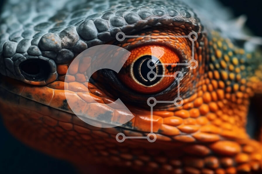 Intra Συλλεκτικό Ξύλινο Παζλ Plywood  4mm - Κοντινό πλάνο που προκαλεί δέος του προσώπου της σαύρας με πορτοκαλί μάτια Σε Ξύλινο Κουτί - Διαστάσεις: 10x10 cm – 25 κομμάτια