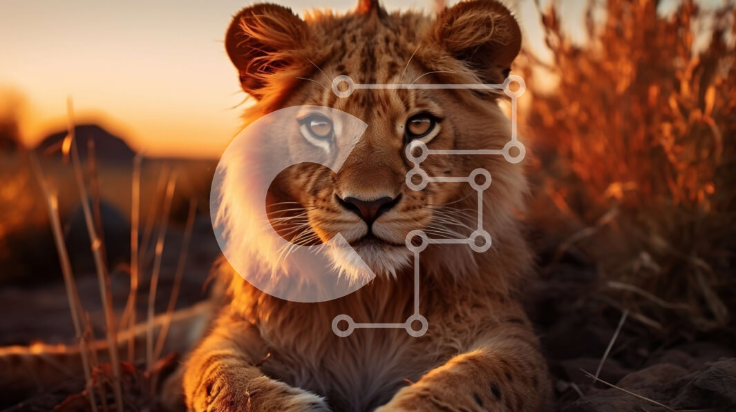 Intra Συλλεκτικό Ξύλινο Παζλ Plywood  4mm - Λιοντάρι που κάθεται στο γρασίδι στο ηλιοβασίλεμα Σε Ξύλινο Κουτί - Διαστάσεις: 10x10 cm – 25 κομμάτια