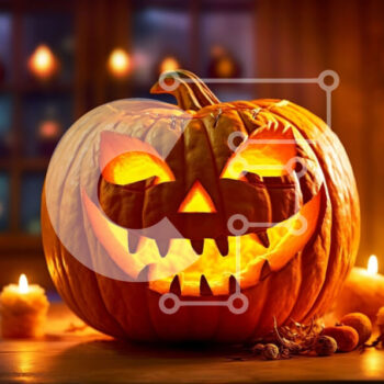 Intra Συλλεκτικό Ξύλινο Παζλ Plywood  4mm - Απόκοσμη διακόσμηση αποκριών: Jack-O'-Lantern Pumpkin in a Window Σε Ξύλινο Κουτί - Διαστάσεις: 10x10 cm – 25 κομμάτια - Image 1