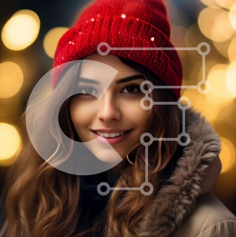 Intra Συλλεκτικό Ξύλινο Παζλ Plywood  4mm - Κομψή γυναίκα με κόκκινη κουκούλα και γούνινο παλτό που ποζάρει μπροστά στα πολύχρωμα φώτα Σε Ξύλινο Κουτί - Διαστάσεις Puzzle: 10x10 cm – 25 κομμάτια - Image 1