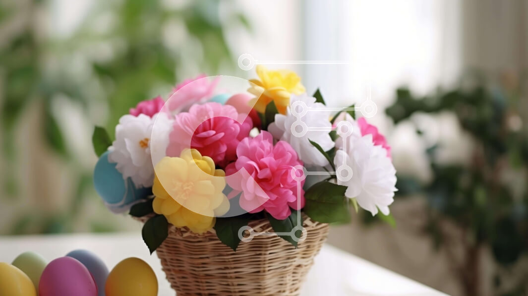 Intra Συλλεκτικό Ξύλινο Παζλ Plywood  4mm - Πολύχρωμα Πασχαλινά λουλούδια και αυγά στο ψάθινο καλάθι Σε Ξύλινο Κουτί - Διαστάσεις Puzzle: 10x10 cm – 25 κομμάτια