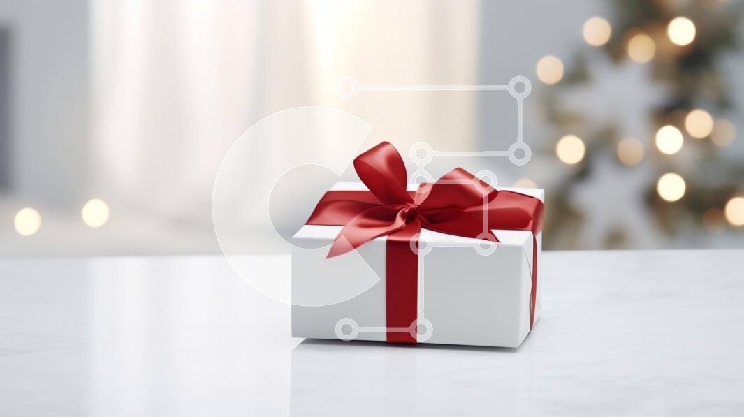 Intra Συλλεκτικό Ξύλινο Παζλ Plywood  4mm - Λευκό κουτί δώρου με κόκκινη κορδέλα στο τραπέζι με τεχνητό χριστουγεννιάτικο δέντρο Σε Ξύλινο Κουτί - Διαστάσεις: 10x10 cm – 25 κομμάτια