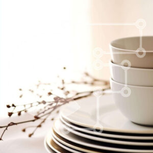 Intra Συλλεκτικό Ξύλινο Παζλ Plywood  4mm - Στοίβα από λευκά πιάτα, μπολ και φλιτζάνια σε ρουστίκ τραπέζι με μικρά φυτά Σε Ξύλινο Κουτί - Διαστάσεις Puzzle: 10x10 cm – 25 κομμάτια