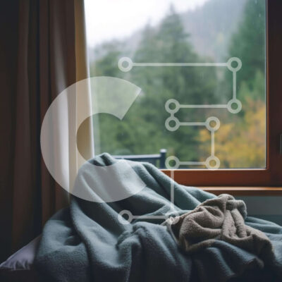 Intra Συλλεκτικό Ξύλινο Παζλ Plywood  4mm - Άνετη μπλε κουβέρτα στο περβάζι παραθύρου με δέντρα στο φόντο Σε Ξύλινο Κουτί - Διαστάσεις: 10x10 cm – 25 κομμάτια - Image 1