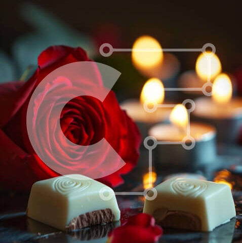 Intra Συλλεκτικό Ξύλινο Παζλ Plywood  4mm - Ρομαντικό σκηνικό για την ημέρα του Αγίου Βαλεντίνου με ζαχαρωτά λευκής σοκολάτας, κόκκινο τριαντάφυλλο και κεριά Σε Ξύλινο Κουτί - Διαστάσεις: 10x10 cm – 25 κομμάτια - Image 1