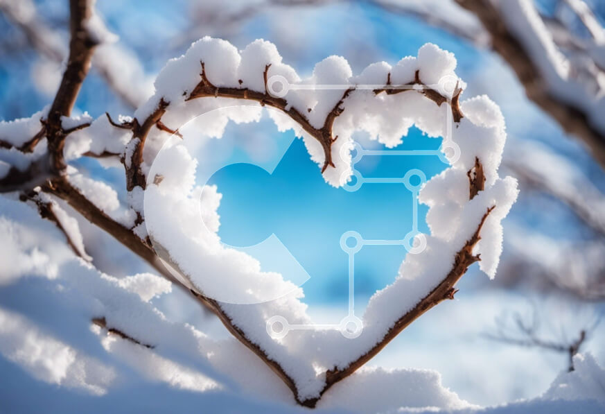 Intra Συλλεκτικό Ξύλινο Παζλ Plywood  4mm - Κλαδί σε σχήμα καρδιάς καλυμμένο με χιόνι ενάντια σε έναν μπλε ουρανό Σε Ξύλινο Κουτί - Διαστάσεις: 10x10 cm – 25 κομμάτια