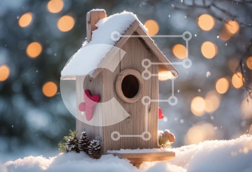 Intra Συλλεκτικό Ξύλινο Παζλ Plywood  4mm - Ξύλινο Birdhouse με κόκκινες, λευκές και μπλε διακοσμήσεις στο χιόνι Σε Ξύλινο Κουτί - Διαστάσεις: 10x10 cm – 25 κομμάτια