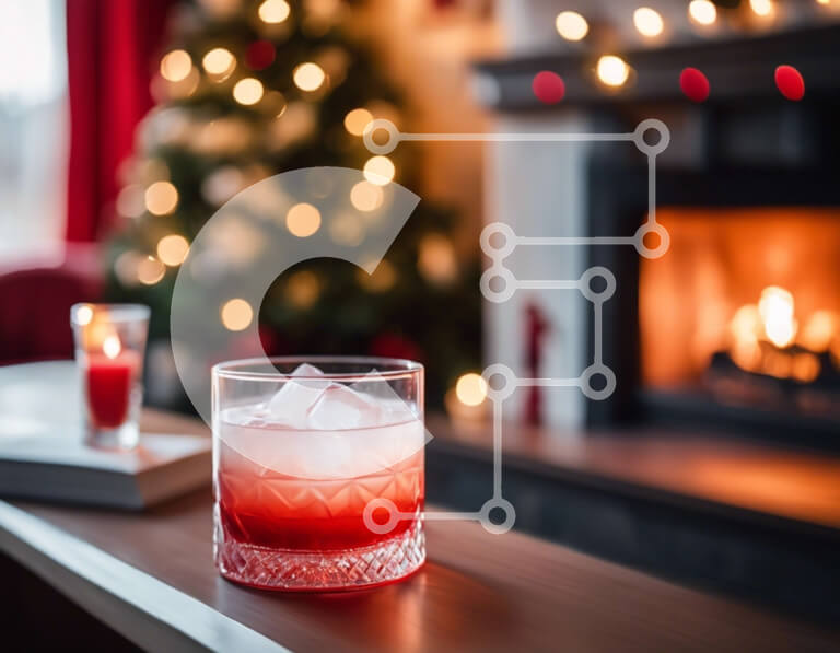 Intra Συλλεκτικό Ξύλινο Παζλ Plywood  4mm - Ποτήρι κόκκινο υγρό με πάγο σε διακοσμητικό τζάκι Σε Ξύλινο Κουτί - Διαστάσεις Puzzle: 10x10 cm – 25 κομμάτια