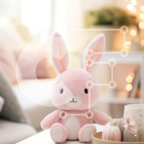 Intra Συλλεκτικό Ξύλινο Παζλ Plywood  4mm - Ροζ λαγουδάκι γεμιστό ζώο σε λευκό τραπέζι στο σαλόνι Σε Ξύλινο Κουτί - Διαστάσεις Puzzle: 10x10 cm – 25 κομμάτια - Image 1