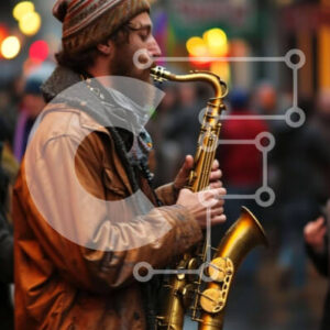 Intra Συλλεκτικό Ξύλινο Παζλ Plywood  4mm - Άνδρας που παίζει σαξόφωνο σε αστικό περιβάλλον Σε Ξύλινο Κουτί - Διαστάσεις Puzzle: 10x10 cm – 25 κομμάτια