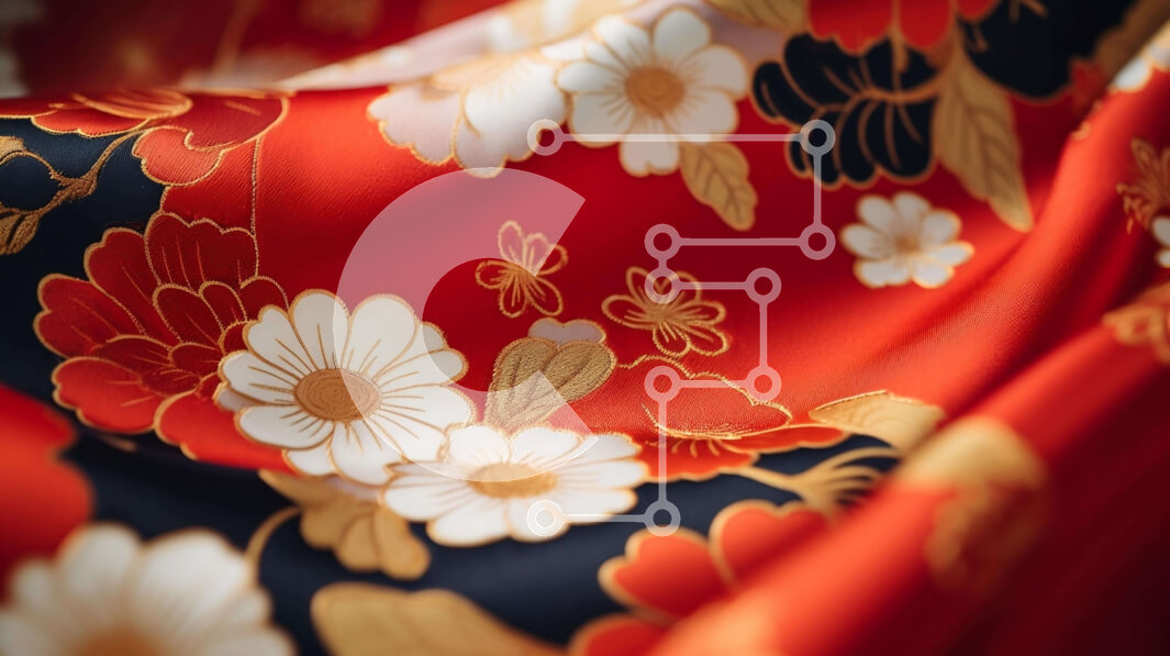 Intra Συλλεκτικό Ξύλινο Παζλ Plywood  4mm - Κοντινό πλάνο από πορτοκαλί και μαύρο μεταξωτό ύφασμα με λουλουδάτα σχέδια Σε Ξύλινο Κουτί - Διαστάσεις Puzzle: 10x10 cm – 25 κομμάτια