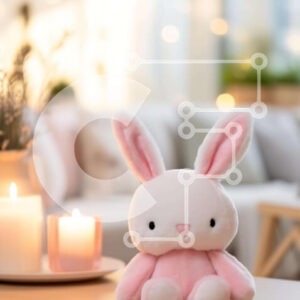 Intra Συλλεκτικό Ξύλινο Παζλ Plywood  4mm - Ροζ λαγουδάκι γεμιστό ζώο με κεριά στο τραπέζι Σε Ξύλινο Κουτί - Διαστάσεις: 10x10 cm – 25 κομμάτια