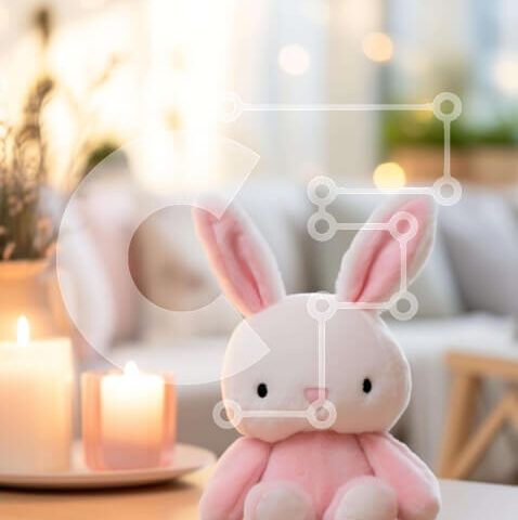 Intra Συλλεκτικό Ξύλινο Παζλ Plywood  4mm - Ροζ λαγουδάκι γεμιστό ζώο με κεριά στο τραπέζι Σε Ξύλινο Κουτί - Διαστάσεις: 10x10 cm – 25 κομμάτια - Image 1