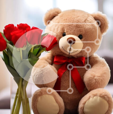 Intra Συλλεκτικό Ξύλινο Παζλ Plywood  4mm - Αρκουδάκι με κόκκινα τριαντάφυλλα Σε Ξύλινο Κουτί - Διαστάσεις Puzzle: 10x10 cm – 25 κομμάτια - Image 1