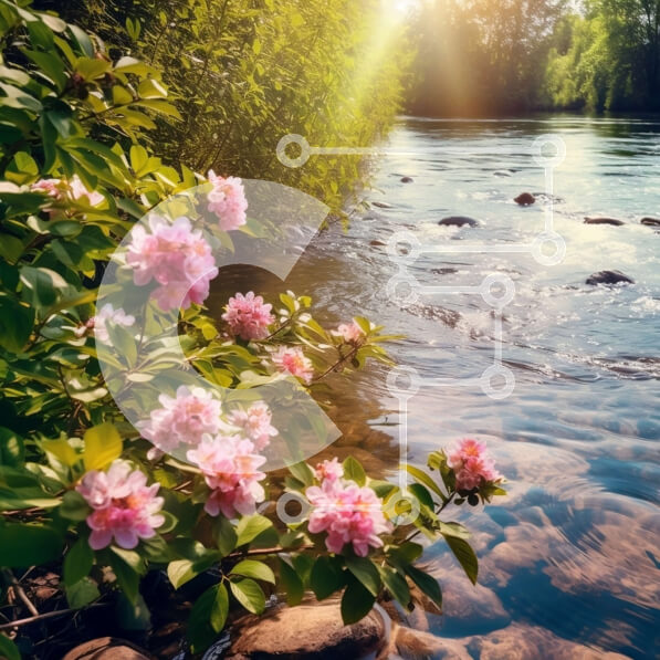 Intra Συλλεκτικό Ξύλινο Παζλ Plywood  4mm - Όμορφο τοπίο ενός ποταμού σε ένα δάσος με ροζ ροδόδεντρα Σε Ξύλινο Κουτί - Διαστάσεις: 10x10 cm – 25 κομμάτια