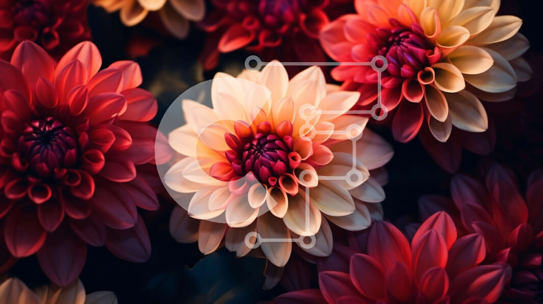 Intra Συλλεκτικό Ξύλινο Παζλ Plywood  4mm - Κοντινό πλάνο με κόκκινα, πορτοκαλί και κίτρινα λουλούδια Ντάλια Σε Ξύλινο Κουτί - Διαστάσεις: 10x10 cm – 25 κομμάτια