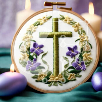 Intra Συλλεκτικό Ξύλινο Παζλ Plywood  4mm - Θρησκευτικό τσέρκι κεντήματος με σταυρό και μωβ λουλούδια Σε Ξύλινο Κουτί - Διαστάσεις Puzzle: 10x10 cm – 25 κομμάτια - Image 1