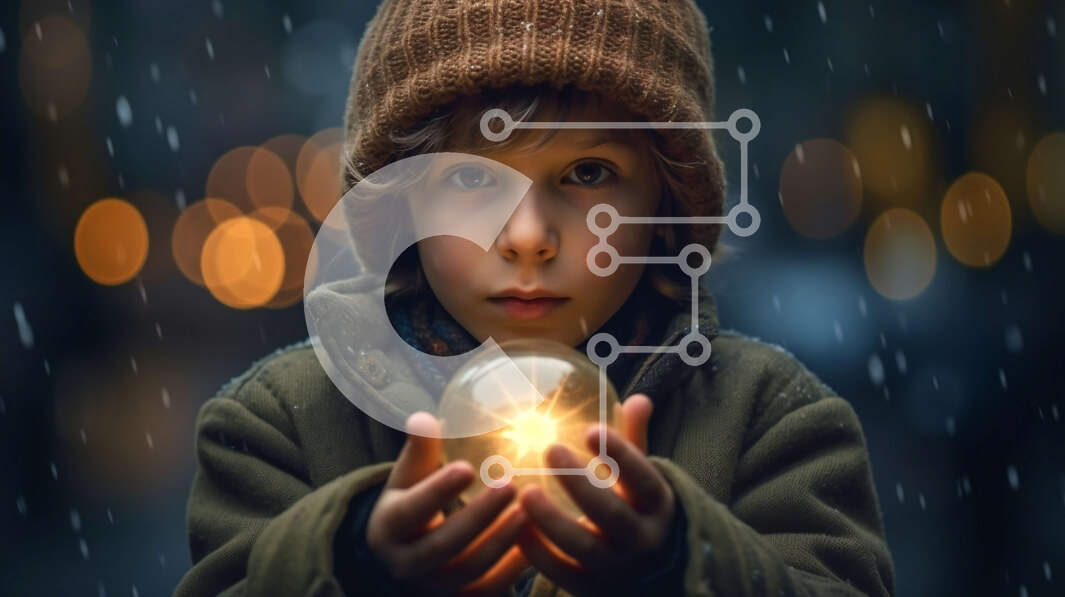 Intra Συλλεκτικό Ξύλινο Παζλ Plywood  4mm - Ζοφερή χειμερινή νύχτα: Νεαρό αγόρι που κρατά λαμπερή σφαίρα Σε Ξύλινο Κουτί - Διαστάσεις Puzzle: 10x10 cm – 25 κομμάτια