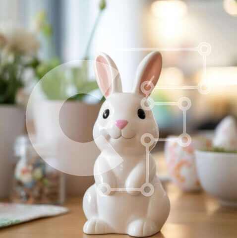 Intra Συλλεκτικό Ξύλινο Παζλ Plywood  4mm - Λευκό ειδώλιο λαγουδάκι σε ξύλινο τραπέζι με φυτά σε γλάστρες Σε Ξύλινο Κουτί - Διαστάσεις: 10x10 cm – 25 κομμάτια - Image 1