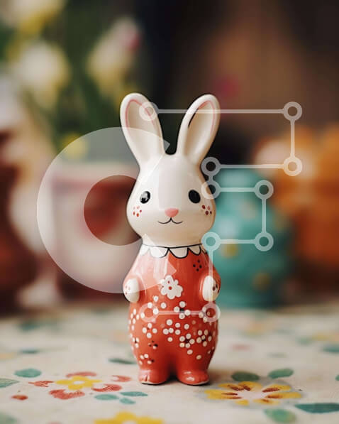 Intra Συλλεκτικό Ξύλινο Παζλ Plywood  4mm - Κεραμικό ειδώλιο Πασχαλινό λαγουδάκι με φυτά και λουλούδια σε γλάστρες Σε Ξύλινο Κουτί - Διαστάσεις Puzzle: 10x10 cm – 25 κομμάτια