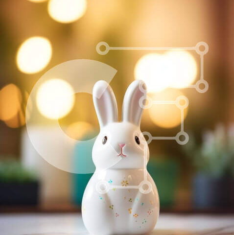 Intra Συλλεκτικό Ξύλινο Παζλ Plywood  4mm - Λευκό ειδώλιο λαγουδάκι με πολύχρωμα φώτα και φυτά σε γλάστρες Σε Ξύλινο Κουτί - Διαστάσεις: 10x10 cm – 25 κομμάτια - Image 1