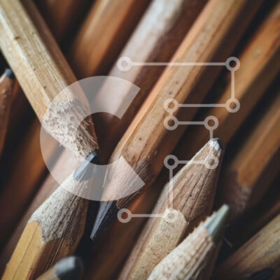 Intra Συλλεκτικό Ξύλινο Παζλ Plywood  4mm - Κοντινό πλάνο στοιβαγμένων ξύλινων μολυβιών με προμήθειες Scrapbooking Σε Ξύλινο Κουτί - Διαστάσεις: 10x10 cm – 25 κομμάτια - Image 1