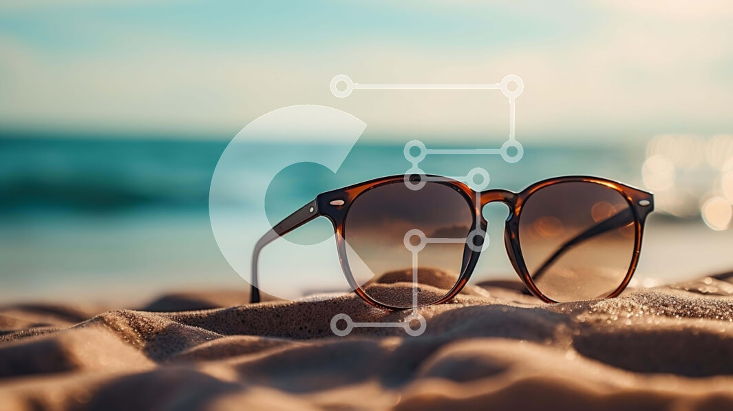 Intra Συλλεκτικό Ξύλινο Παζλ Plywood  4mm - Γυαλιά ηλίου στην παραλία με θέα στον ωκεανό Σε Ξύλινο Κουτί - Διαστάσεις Puzzle: 10x10 cm – 25 κομμάτια