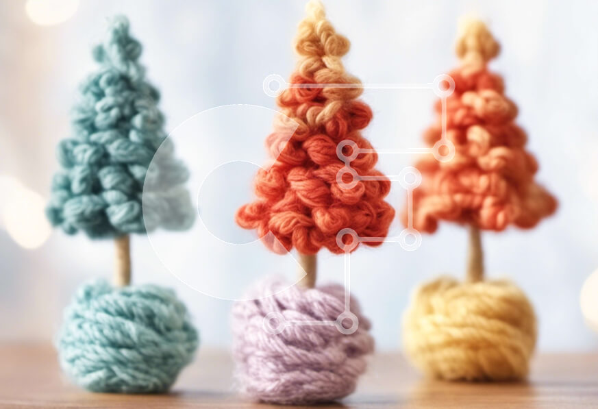 Intra Συλλεκτικό Ξύλινο Παζλ Plywood  4mm - Πολύχρωμα κροσέ δέντρα σε ξύλινη επιφάνεια Σε Ξύλινο Κουτί - Διαστάσεις Puzzle: 10x10 cm – 25 κομμάτια