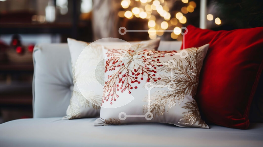 Intra Συλλεκτικό Ξύλινο Παζλ Plywood  4mm - Εορταστική διακόσμηση σαλονιού με κόκκινα και λευκά μαξιλάρια Σε Ξύλινο Κουτί - Διαστάσεις Puzzle: 10x10 cm – 25 κομμάτια